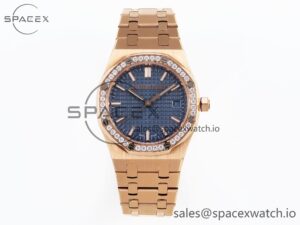 Audermars Piguet Lady Royal Oak 33mm RG 8F 1:1 Best Edition Blue Dial Diamonds Bezel on RG Bracelet Swiss Quartz