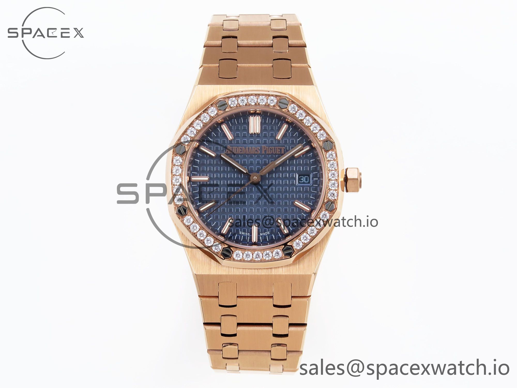 1 (1) Audermars Piguet Lady Royal Oak 33mm RG 8F 1:1 Best Edition Blue Dial Diamonds Bezel on RG Bracelet Swiss Quartz - Image 1