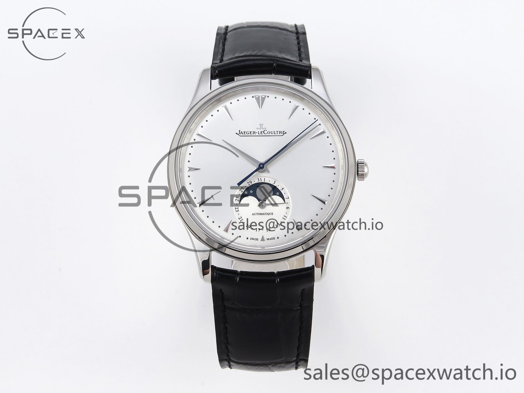 1 (139) Aeger-Lecoultre Master Ultra Thin Moon 1368420 SS ZF 1:1 Best Edition White Dial on Black Leather Strap SA925 Super Clone V2 - Image 1