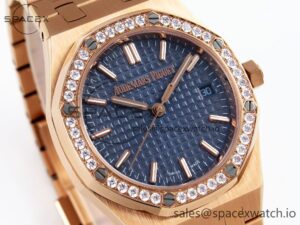 Audermars Piguet Lady Royal Oak 33mm RG 8F 1:1 Best Edition Blue Dial Diamonds Bezel on RG Bracelet Swiss Quartz - Image 3