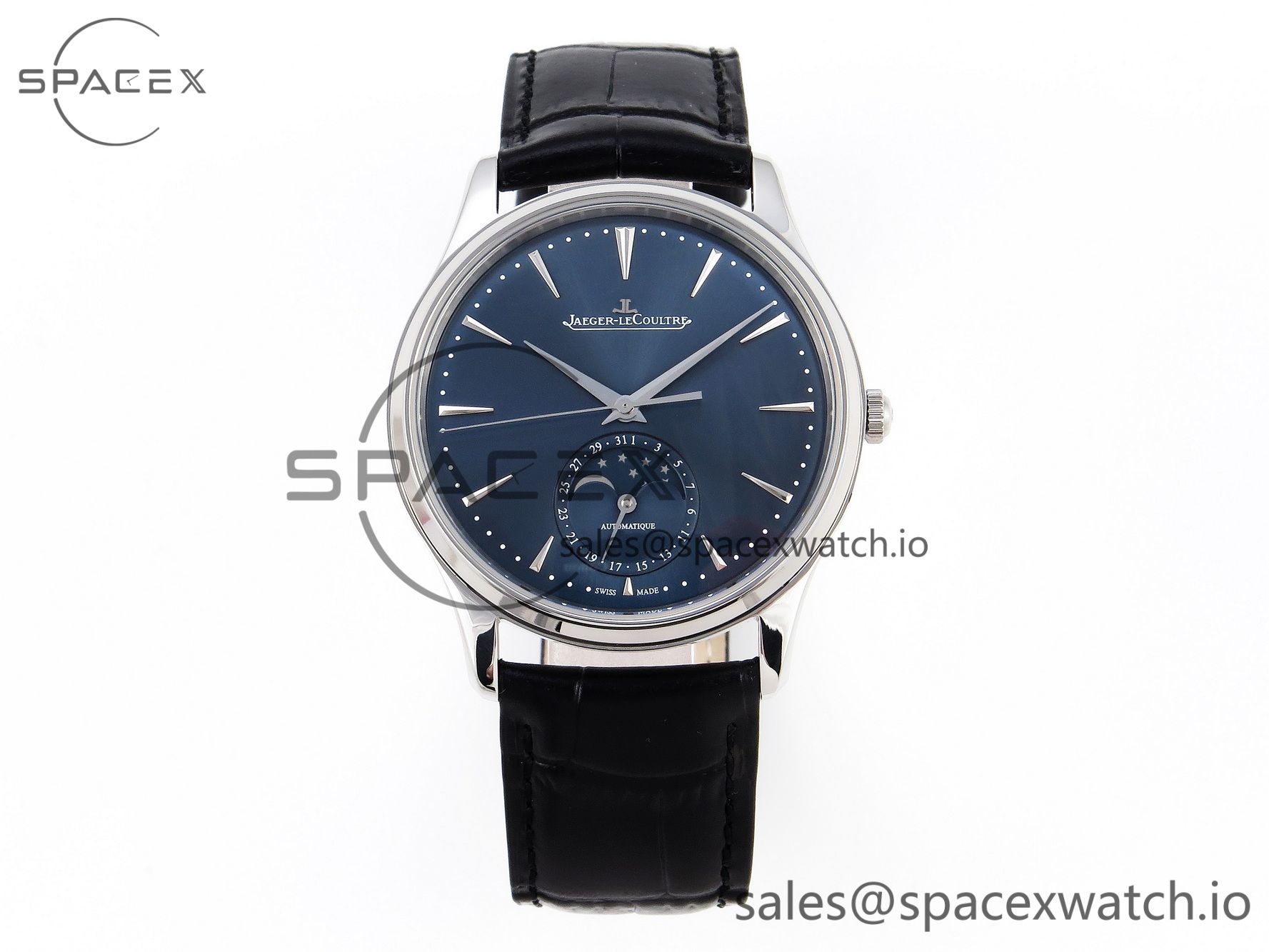 1 (35) Jaeger-Lecoultre Master Ultra Thin Moon 1368420 SS ZF 1:1 Best Edition Blue Dial on Black Leather Strap SA925 Super Clone V2 - Image 1