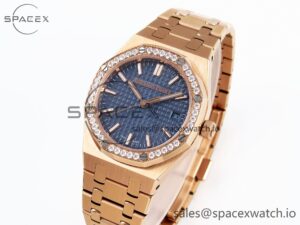 Audermars Piguet Lady Royal Oak 33mm RG 8F 1:1 Best Edition Blue Dial Diamonds Bezel on RG Bracelet Swiss Quartz - Image 4