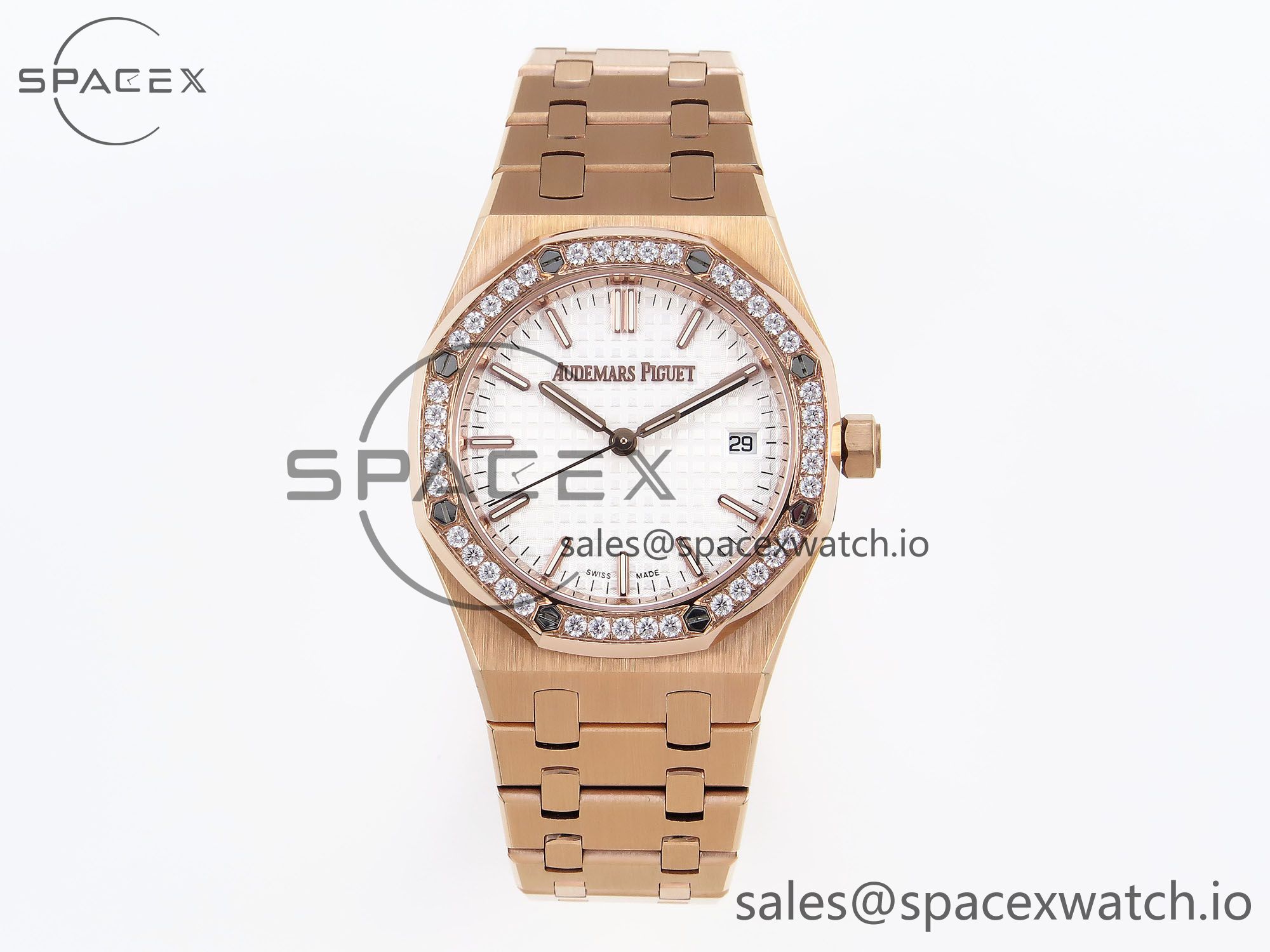1 (43) Audermars Piguet Lady Royal Oak 33mm RG 8F 1:1 Best Edition White Dial Diamonds Bezel on RG Bracelet Swiss Quartz - Image 1