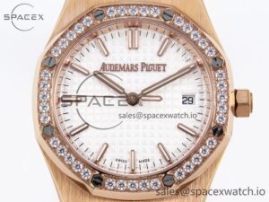 Audermars Piguet Lady Royal Oak 33mm RG 8F 1:1 Best Edition White Dial Diamonds Bezel on RG Bracelet Swiss Quartz - Image 2