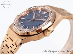 Audermars Piguet Lady Royal Oak 33mm RG 8F 1:1 Best Edition Blue Dial Diamonds Bezel on RG Bracelet Swiss Quartz - Image 7