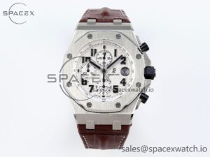 AUDEMARS PIGUET ROYAL OAK OFFSHORE 42MM SAFARI SS APF 1:1 BEST EDITION WHITE DIAL ON BROWN LEATHER STRAP A7750