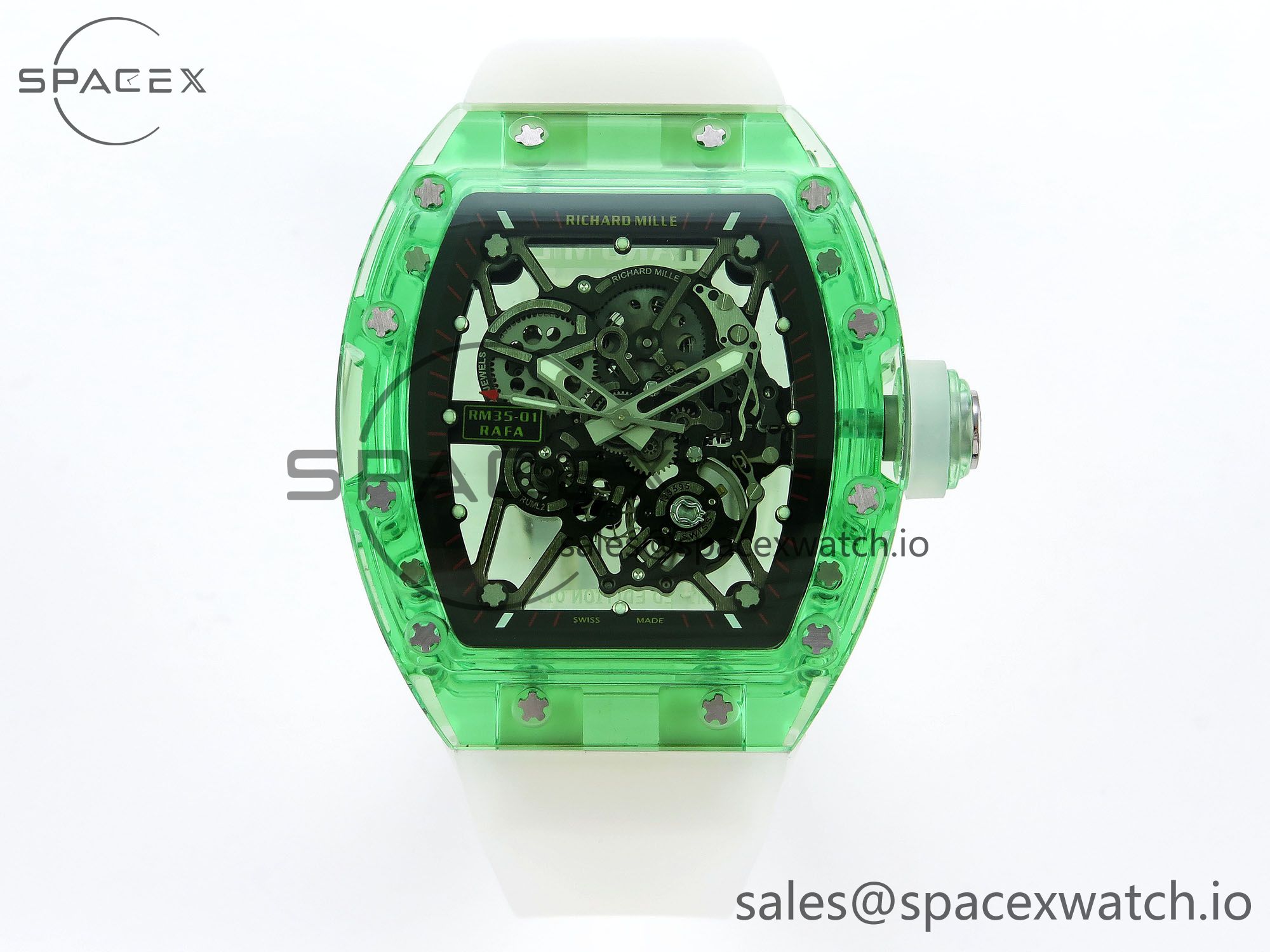 IMG_0001 Richard Mille RM035 Green Transparent RMF Best Edition Skeleton Dial on Translucent Rubber Strap Clone RMUL2 - Image 1