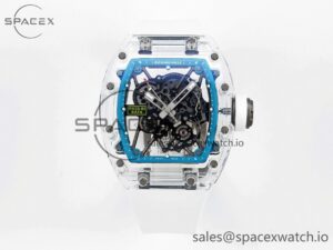Richard Mille RM055 Transparent SONIC Best Edition Skeleton Blue Dial on White Nylon Strap Clone RMUL2