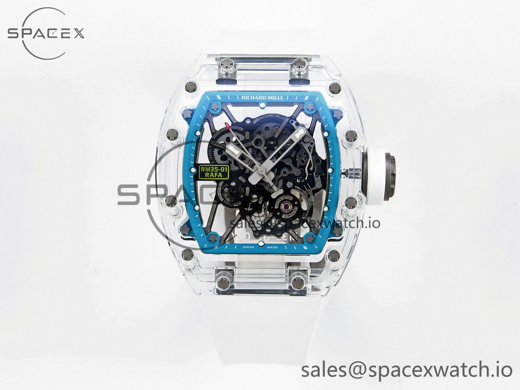IMG_0001 Richard Mille RM055 Transparent SONIC Best Edition Skeleton Blue Dial on White Nylon Strap Clone RMUL2 - Image 1