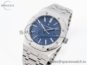 Audermars Piguet Royal Oak 41mm Frosted SS APSF 1:1 Best Edition Blue Textured Dial on SS Bracelet SA3120 Super Clone - Image 4