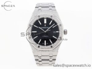 Audermars Piguet Royal Oak 41mm Frosted SS APSF 1:1 Best Edition Black Textured Dial on SS Bracelet SA3120 Super Clone