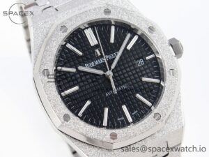 Audermars Piguet Royal Oak 41mm Frosted SS APSF 1:1 Best Edition Black Textured Dial on SS Bracelet SA3120 Super Clone - Image 3