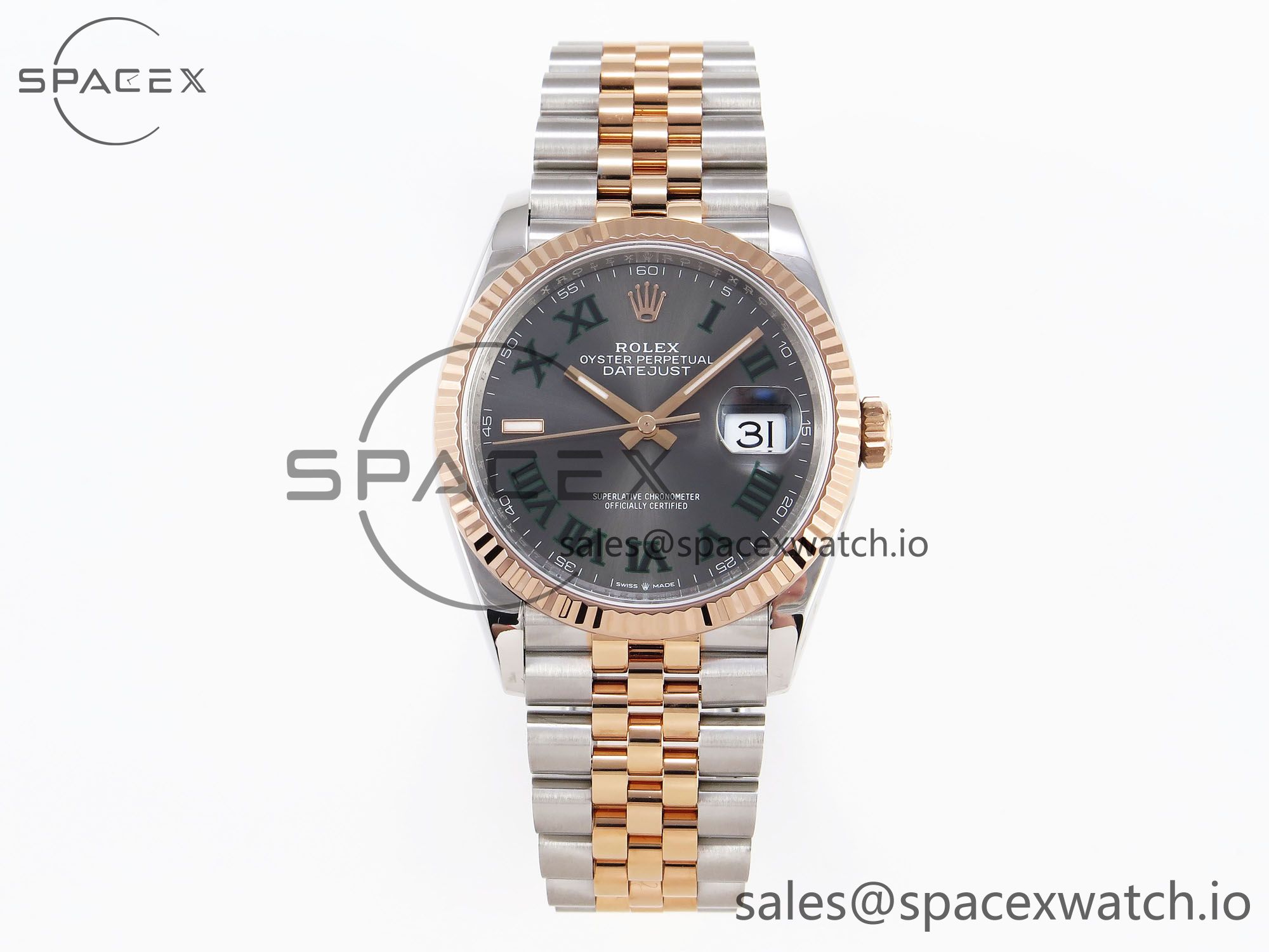 IMG_0072 Rolex DateJust 36 SS/RG 126231 VSF 1:1 Best Edition 904L Steel Gray Dial Green Roman Marker on Jubilee Bracelet VS3235 - Image 1