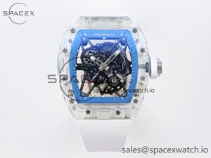 Richard Mille RM035 Transparent RMF Best Edition Skeleton Blue Dial on White Rubber Strap Clone RMUL2