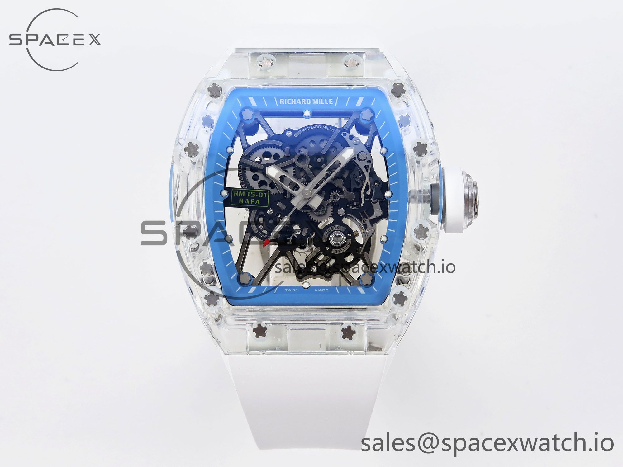 IMG_0083 Richard Mille RM035 Transparent RMF Best Edition Skeleton Blue Dial on White Rubber Strap Clone RMUL2 - Image 1