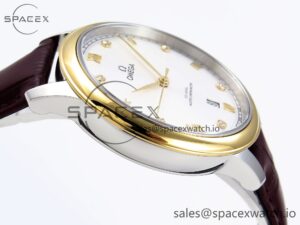 Omega De Ville Date YG MKF 1:1 Best Edition White Textured Dial Diamonds Marker on Brown Leather Strap A8800 - Image 8