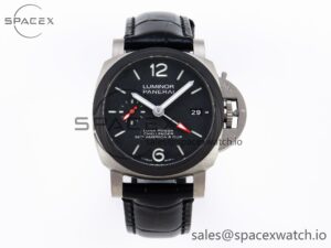 Panerai PAM1096 W LUMINOR GMT 42MM TITANIUM VSF 1:1 BEST EDITION BLACK DIAL ON BLACK LEATHER STRAP P.9011 SUPER CLONE