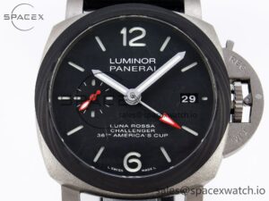 Panerai PAM1096 W LUMINOR GMT 42MM TITANIUM VSF 1:1 BEST EDITION BLACK DIAL ON BLACK LEATHER STRAP P.9011 SUPER CLONE - Image 2