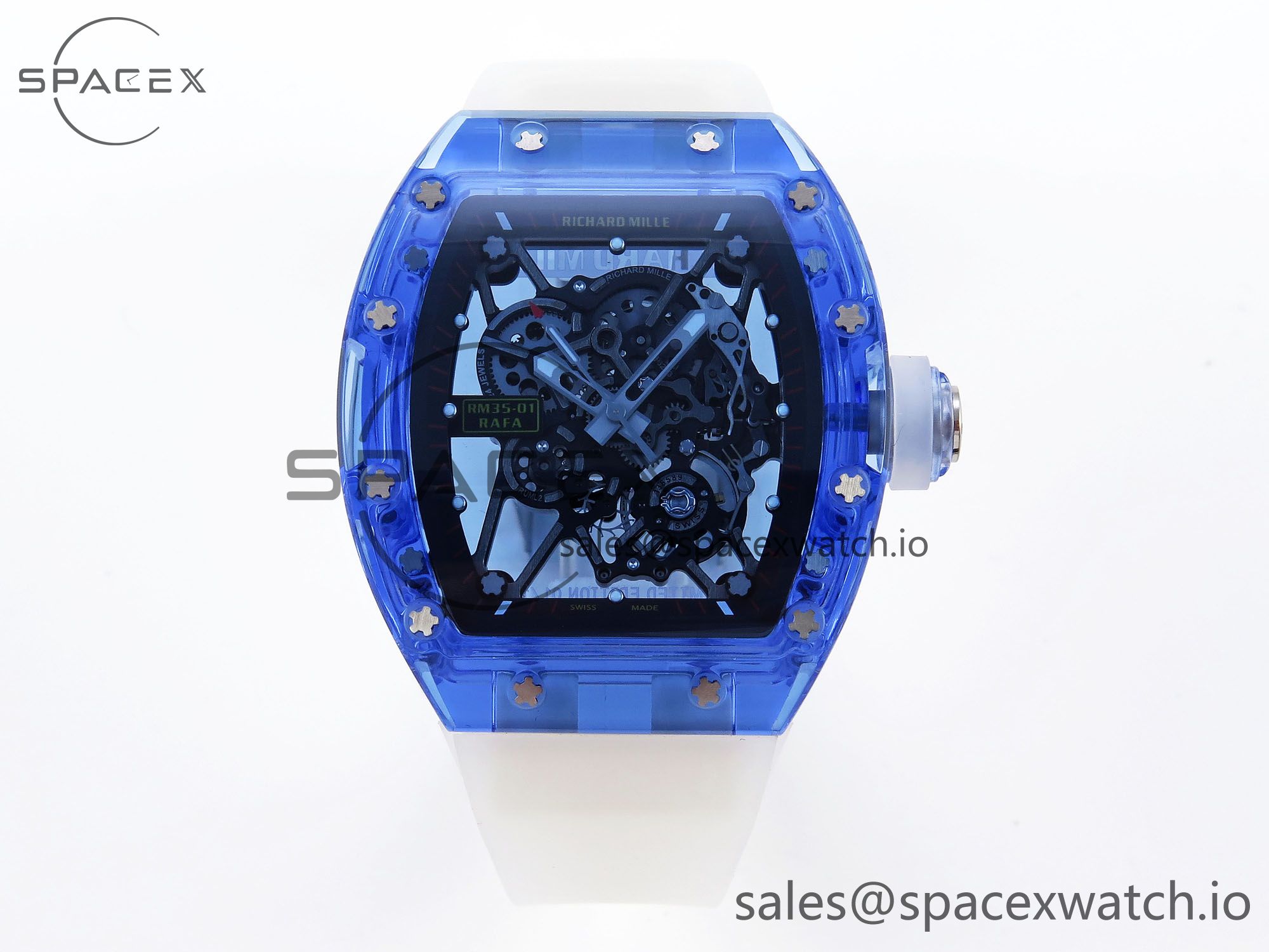 IMG_0122 Richard Mille RM035 Blue Transparent RMF Best Edition Skeleton Dial on Translucent Rubber Strap Clone RMUL2 - Image 1