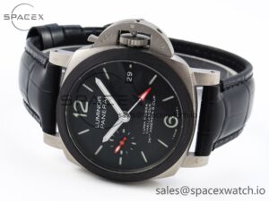 Panerai PAM1096 W LUMINOR GMT 42MM TITANIUM VSF 1:1 BEST EDITION BLACK DIAL ON BLACK LEATHER STRAP P.9011 SUPER CLONE - Image 5