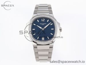 PATEK PHILIPPE NAUTILUS 7118 LADIES SS PPF 1:1 BEST EDITION BLUE DIAL DIAMONDS BEZEL ON SS BRACELET 324CS