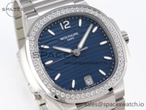 PATEK PHILIPPE NAUTILUS 7118 LADIES SS PPF 1:1 BEST EDITION BLUE DIAL DIAMONDS BEZEL ON SS BRACELET 324CS - Image 3