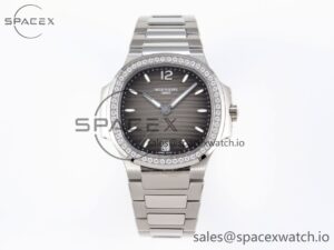 PATEK PHILIPPE NAUTILUS 7118 LADIES SS PPF 1:1 BEST EDITION BROWN DIAL DIAMONDS BEZEL ON SS BRACELET 324CS