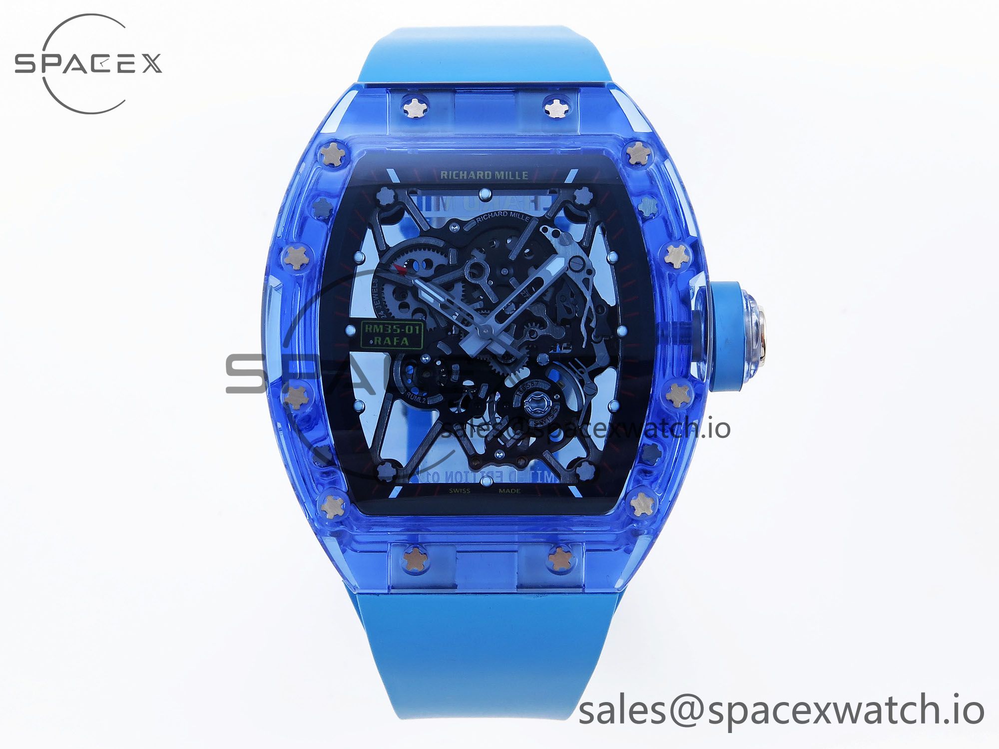 IMG_0149 Richard Mille RM035 Blue Transparent RMF Best Edition Skeleton Dial on Blue Rubber Strap Clone RMUL2 - Image 1