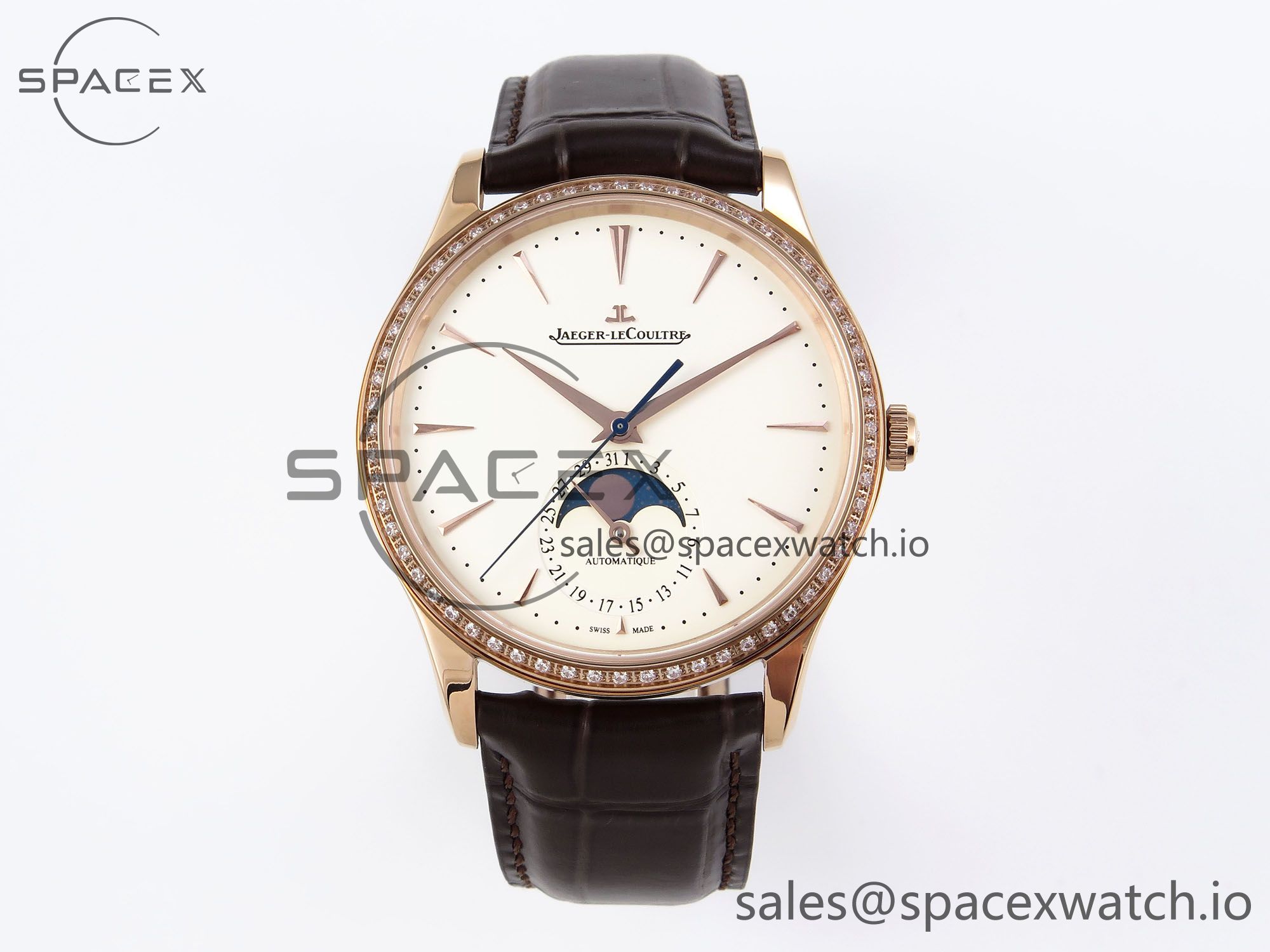 IMG_0157 Jaeger-Lecoultre Master Ultra Thin Moon 1368420 RG ZF 1:1 Best Edition White Diamond Dial on Brown Leather Strap SA925 Super Clone V2 - Image 1