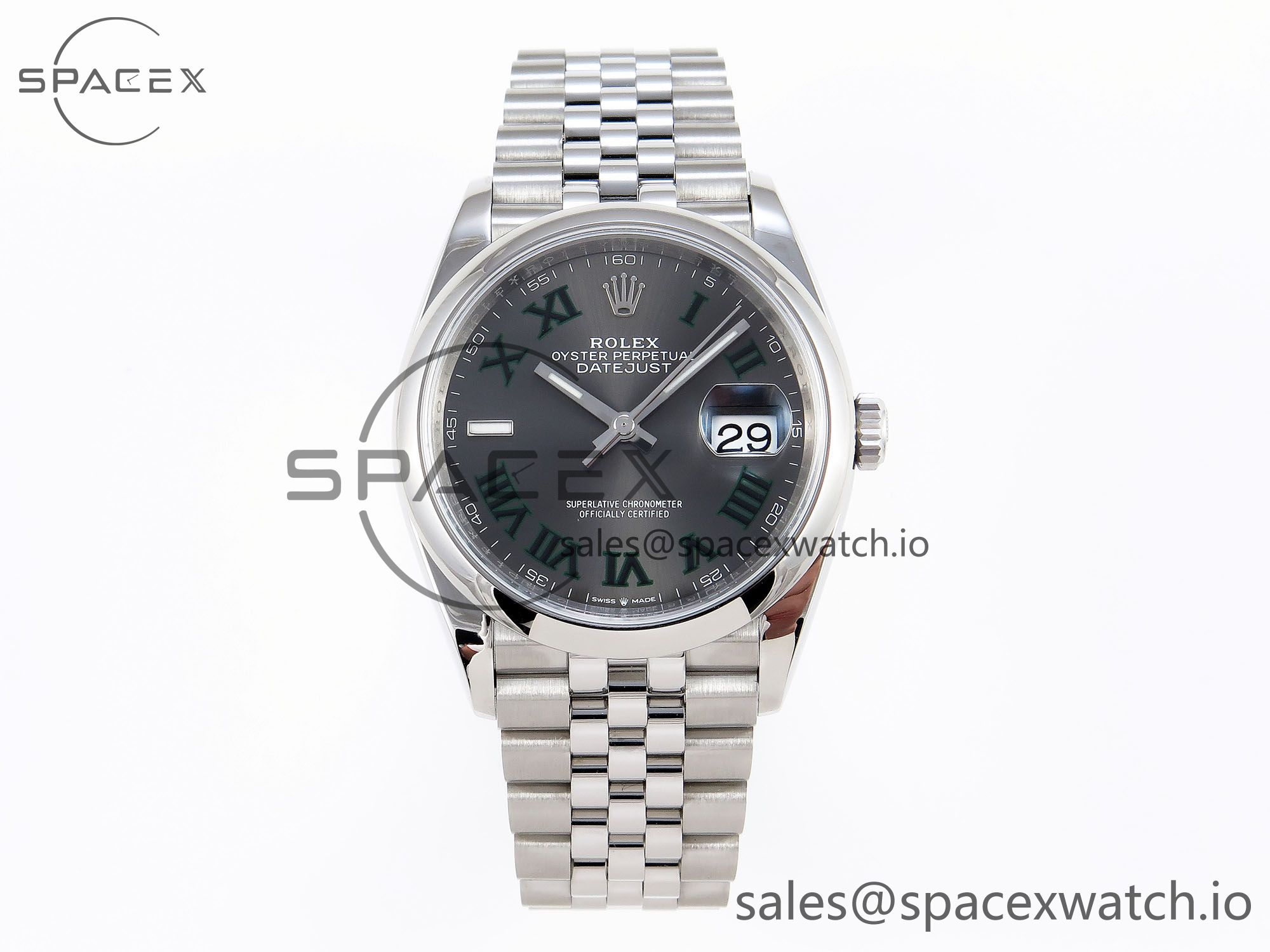 IMG_0188 ROLEX DATEJUST 36 SS 126200 VSF 1:1 BEST EDITION 904L STEEL GRAY DIAL GREEN ROMAN ON JUBILEE BRACELET VS3235 - Image 1