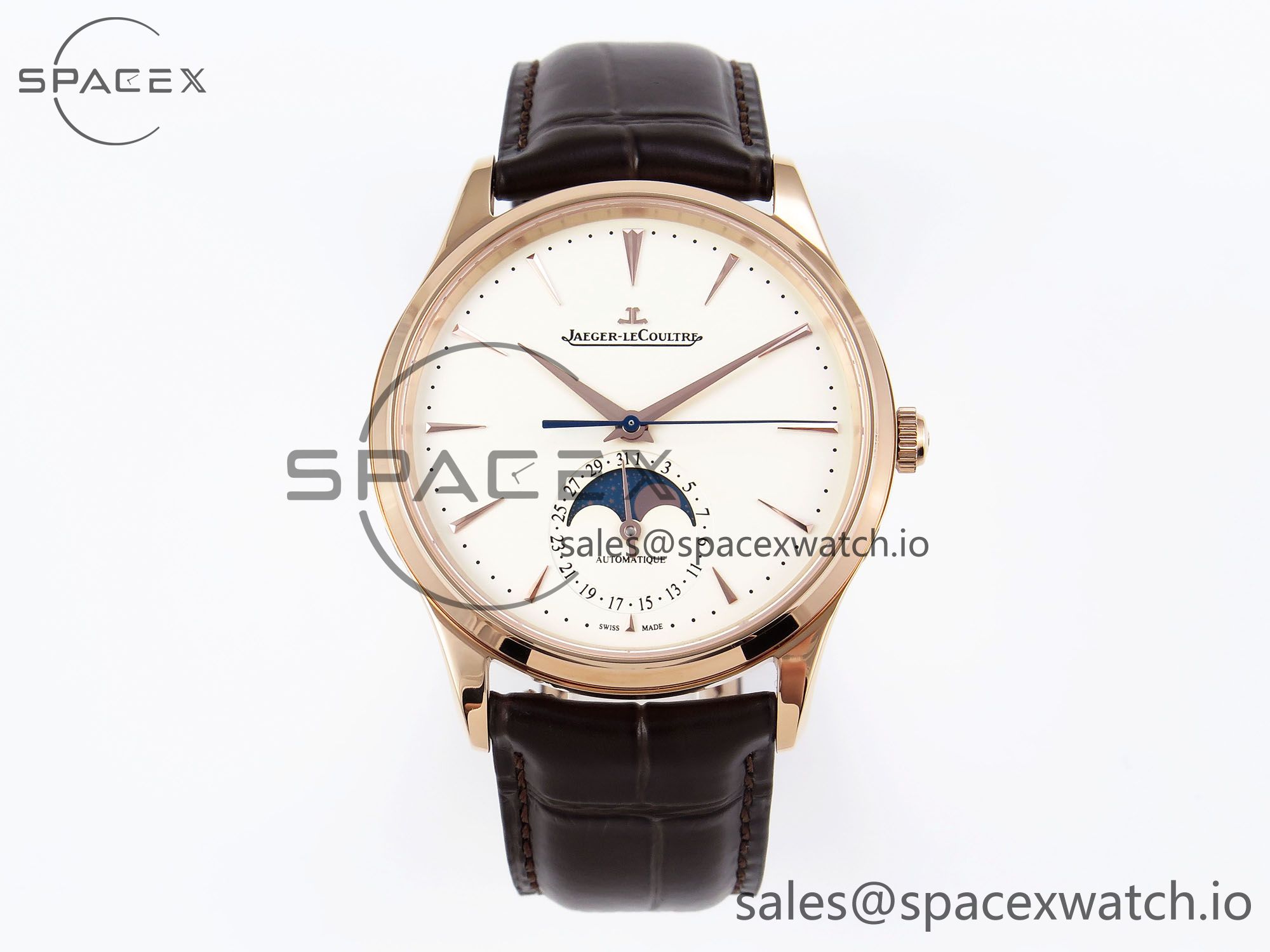 IMG_0196 Jaeger-Lecoultre Master Ultra Thin Moon 1368420 RG ZF 1:1 Best Edition White Dial on Brown Leather Strap SA925 Super Clone V2 - Image 1