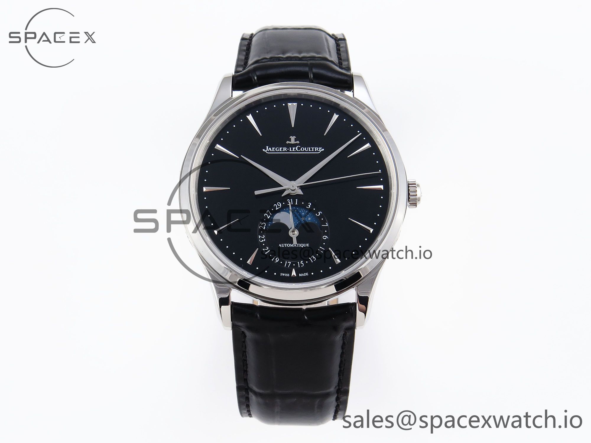 IMG_0256 Jaeger-Lecoultre Master Ultra Thin Moon 1368420 SS ZF 1:1 Best Edition Black Dial on Black Leather Strap SA925 Super Clone V2 - Image 1