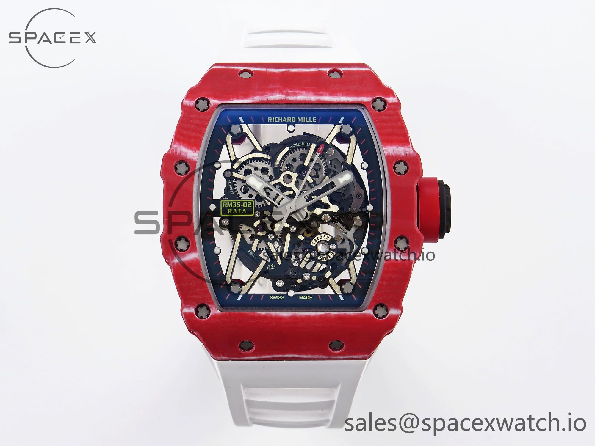 IMG_0537 Richard Mille RM035 Red Carbon T+F Best Edition Skeleton Dial on White Rubber Strap Clone RMUL2 - Image 1