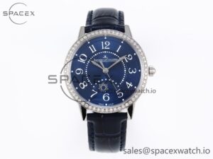 Jaeger-Lecoultre Rendez-Vous Night & Day SS APSF 1:1 Best Edition Blue Textured Dial Diamonds Bezel on Blue Leather Strap SA898