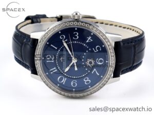 Jaeger-Lecoultre Rendez-Vous Night & Day SS APSF 1:1 Best Edition Blue Textured Dial Diamonds Bezel on Blue Leather Strap SA898 - Image 5