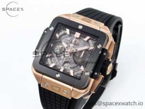 Hublot Square Bang Unico 42mm RG BBF 1:1 Best Edition Skeleton Dial Ceramic Bezel on Black Rubber Strap A1280 - Image 4