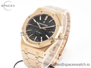 Royal Oak 41mm 15400 RG ZF 1:1 Best Edition Black Textured Dial on RG Bracelet V2 SA3120 Super Clone - Image 4