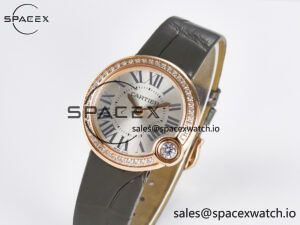 Ballon Blanc De Cartier 30mm RG DRF 1:1 Best Edition Silvered Texture Dial Diamonds Bezel on Green Leather Strap Ronda Quartz - Image 4