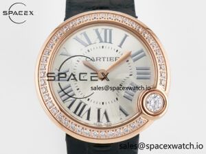 Ballon Blanc De Cartier 30mm RG DRF 1:1 Best Edition Silvered Texture Dial Diamonds Bezel on Black Leather Strap Ronda Quartz - Image 2
