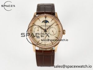 Master Ultra Thin Perpetual Calendar RG V9F 1:1 Best Edition Cream Dial Diamonds Bezel on Brown Leather Strap A868 V2