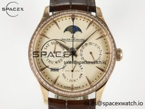 Master Ultra Thin Perpetual Calendar RG V9F 1:1 Best Edition Cream Dial Diamonds Bezel on Brown Leather Strap A868 V2 - Image 2
