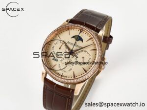 Master Ultra Thin Perpetual Calendar RG V9F 1:1 Best Edition Cream Dial Diamonds Bezel on Brown Leather Strap A868 V2 - Image 4