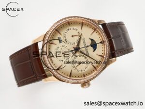 Master Ultra Thin Perpetual Calendar RG V9F 1:1 Best Edition Cream Dial Diamonds Bezel on Brown Leather Strap A868 V2 - Image 8