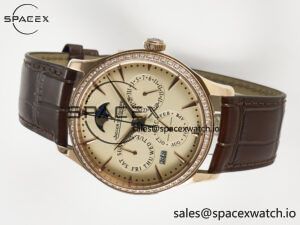 Master Ultra Thin Perpetual Calendar RG V9F 1:1 Best Edition Cream Dial Diamonds Bezel on Brown Leather Strap A868 V2 - Image 7