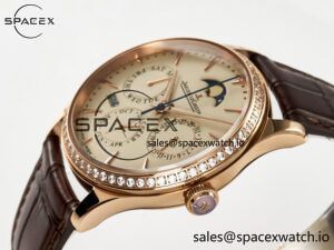 Master Ultra Thin Perpetual Calendar RG V9F 1:1 Best Edition Cream Dial Diamonds Bezel on Brown Leather Strap A868 V2 - Image 5