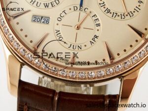 Master Ultra Thin Perpetual Calendar RG V9F 1:1 Best Edition Cream Dial Diamonds Bezel on Brown Leather Strap A868 V2 - Image 11