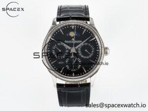 Master Ultra Thin Perpetual Calendar SS V9F 1:1 Best Edition Black Dial Diamonds Bezel on Black Leather Strap A868 V2