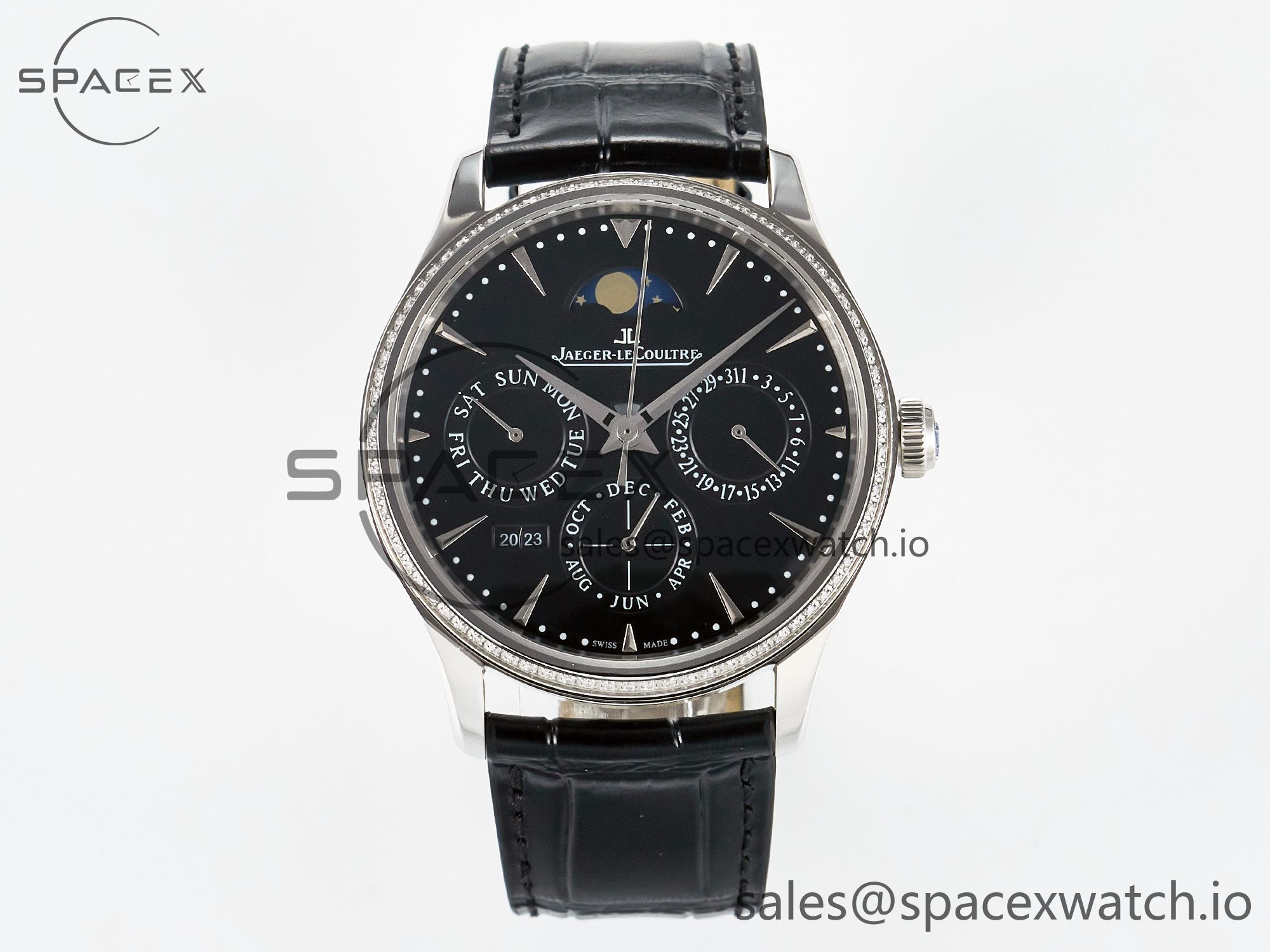 IMG_1949 拷贝 Master Ultra Thin Perpetual Calendar SS V9F 1:1 Best Edition Black Dial Diamonds Bezel on Black Leather Strap A868 V2 - Image 1
