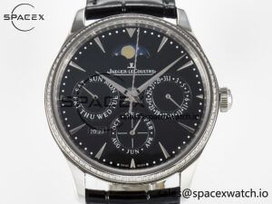 Master Ultra Thin Perpetual Calendar SS V9F 1:1 Best Edition Black Dial Diamonds Bezel on Black Leather Strap A868 V2 - Image 2