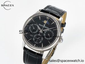 Master Ultra Thin Perpetual Calendar SS V9F 1:1 Best Edition Black Dial Diamonds Bezel on Black Leather Strap A868 V2 - Image 4